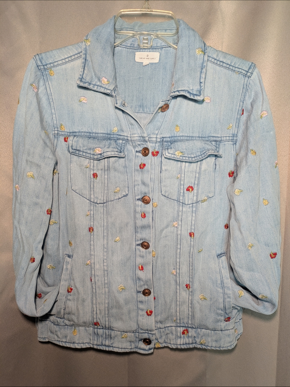 Thread & Supply Light Blue Soft Tencel Denim Jacket W/ Floral Embroidery